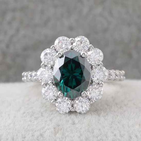 Anel de noivado de moissanite com corte oval verde escuro impressionante, prata 925, anel Diana 4ctw, banda pavimentada, princesa Diana